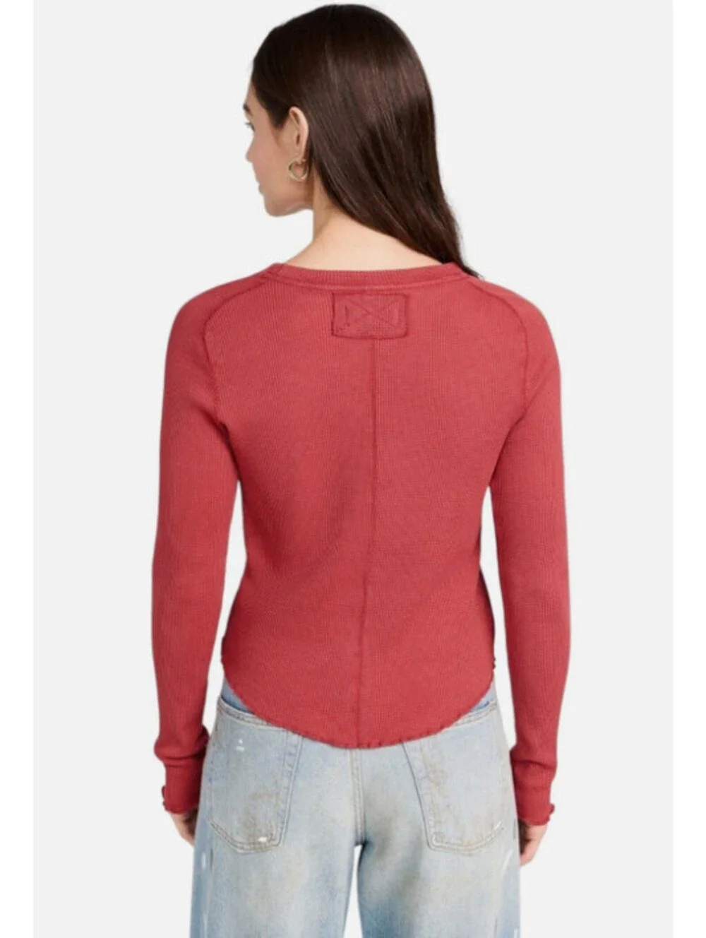 We The Free People Thermal Waffle Knit Top Red Lettuce Edge Size XS NWT